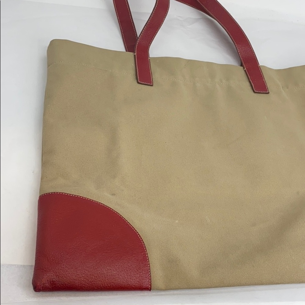 Prada Large Beige Canvas Red Leather Shoulder Tote - Picture 6 of 15